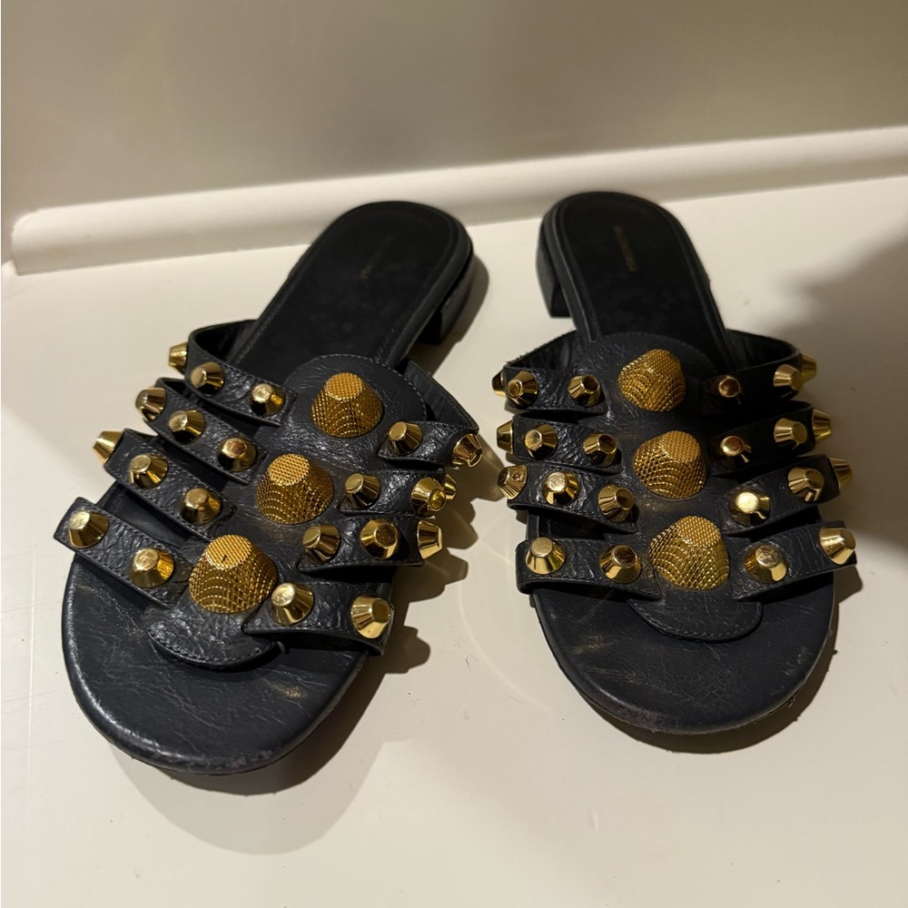 Balenciaga Black Sandals with Gold Accents